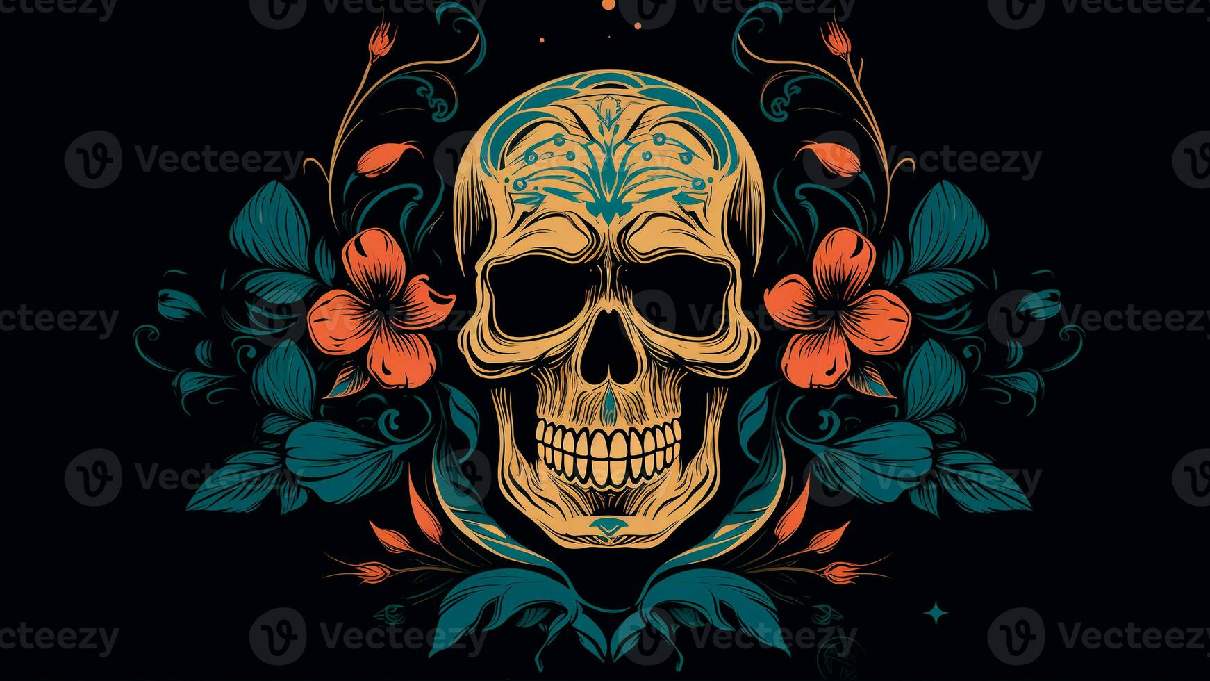 Background with a realistic skull with patterns of abstract shapes, leaves, flowers. photo