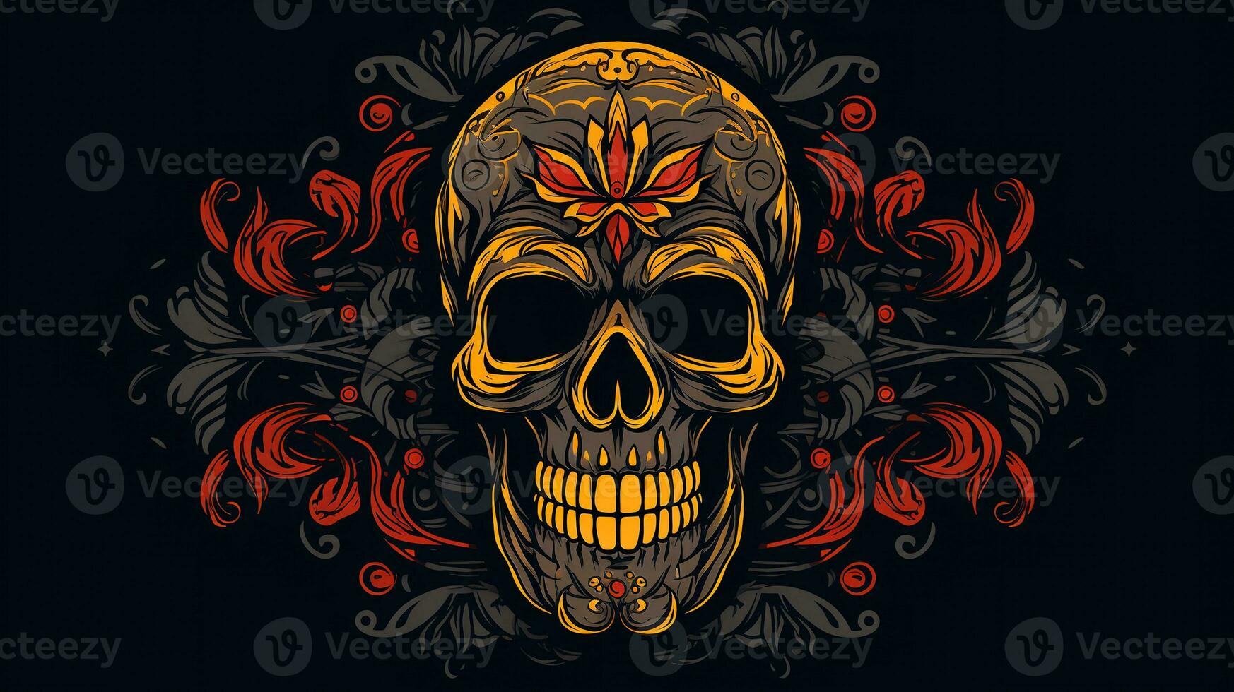 Background with a realistic skull with patterns of abstract shapes, leaves, flowers. photo