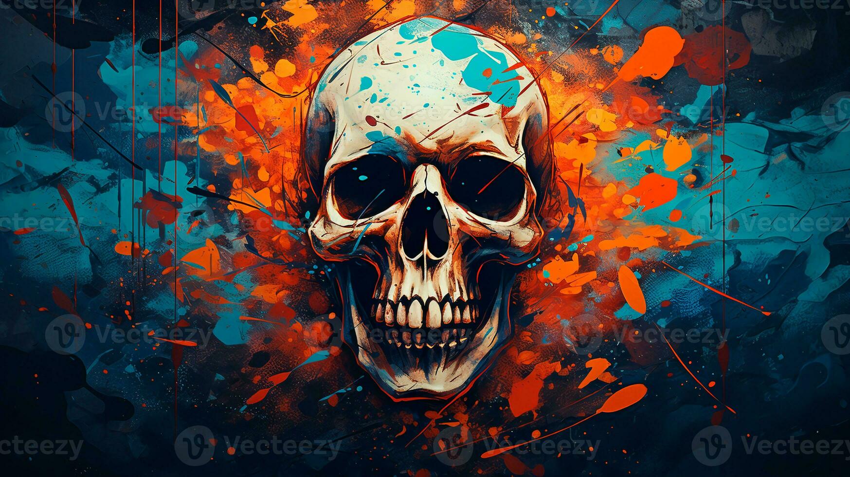 Background with a realistic skull with patterns of abstract shapes, leaves, flowers. photo