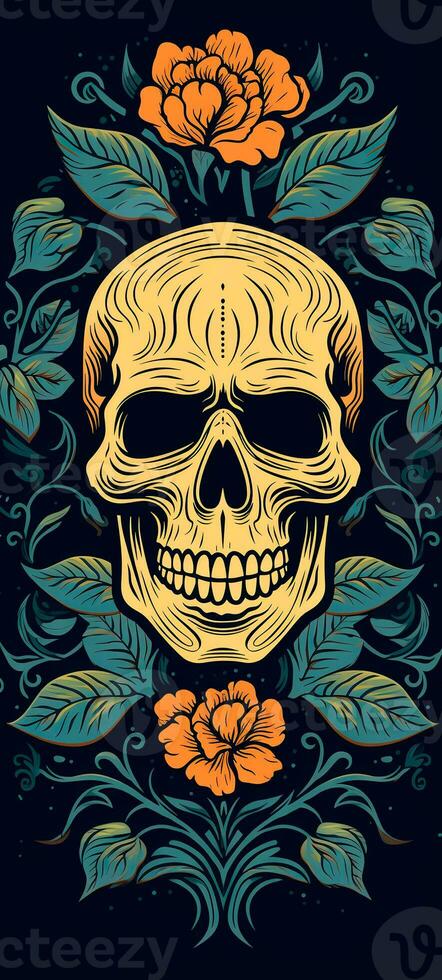 Background with a realistic skull with patterns of abstract shapes, leaves, flowers. photo