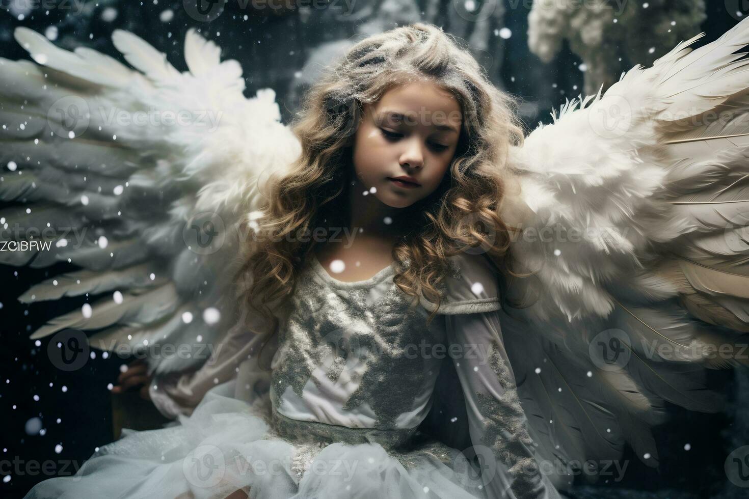 Innocent Young girl with Long Blond Hair with angel wing AI Generative photo