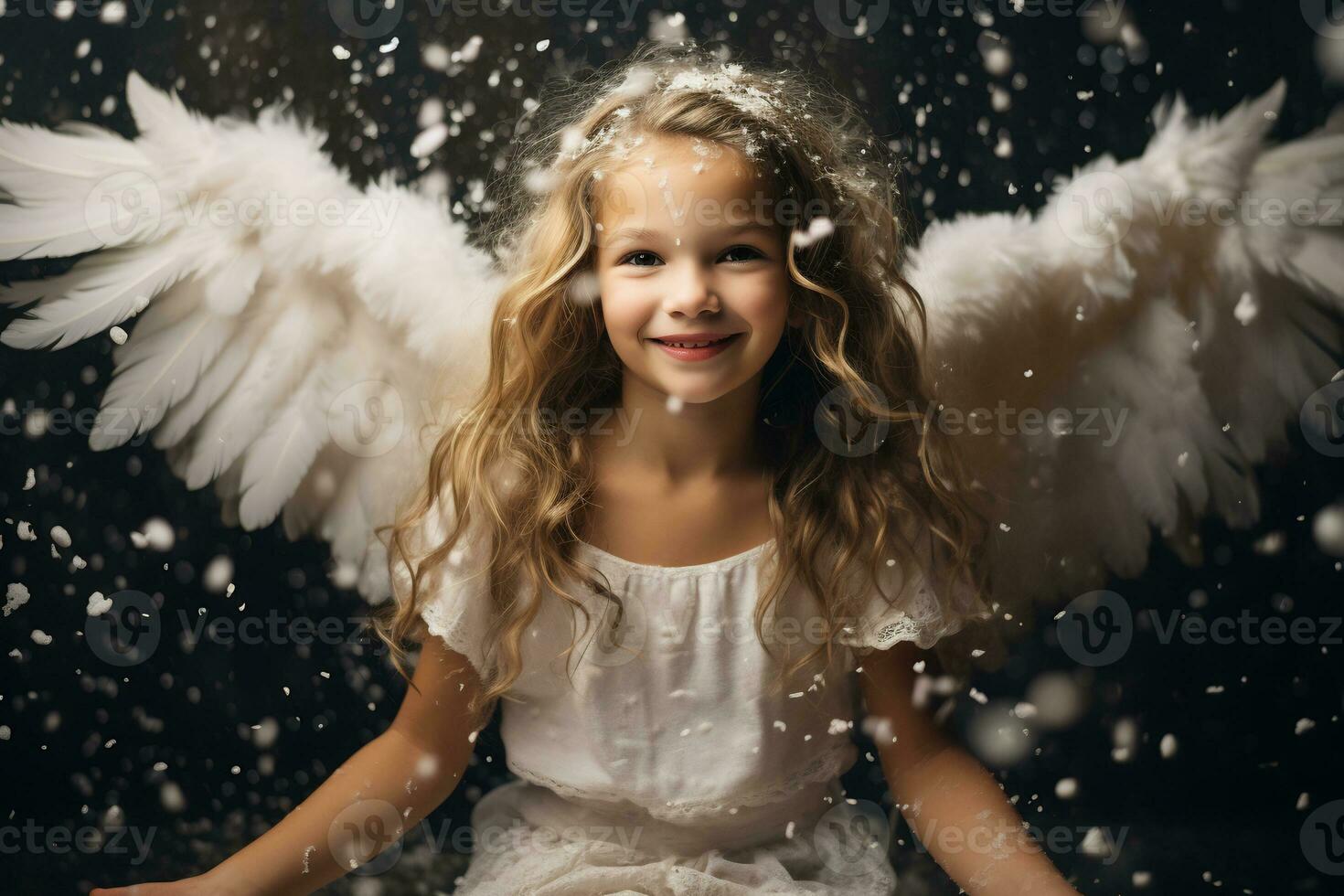 Innocent Young girl with Long Blond Hair with angel wing AI Generative photo