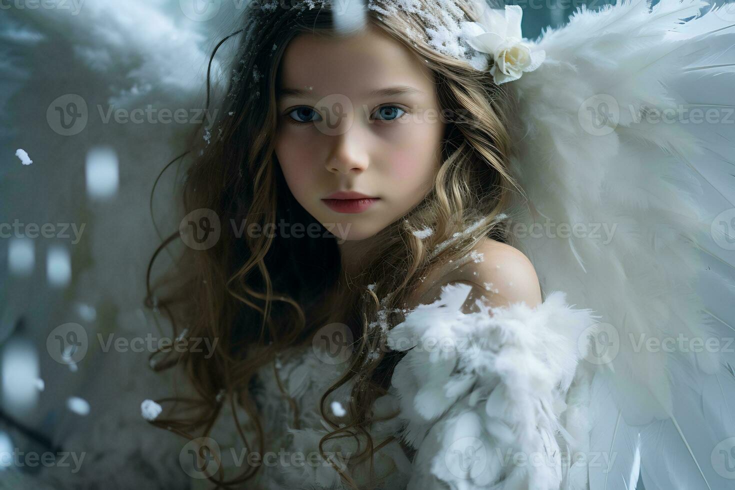 Innocent Young girl with Long Blond Hair with angel wing AI Generative photo