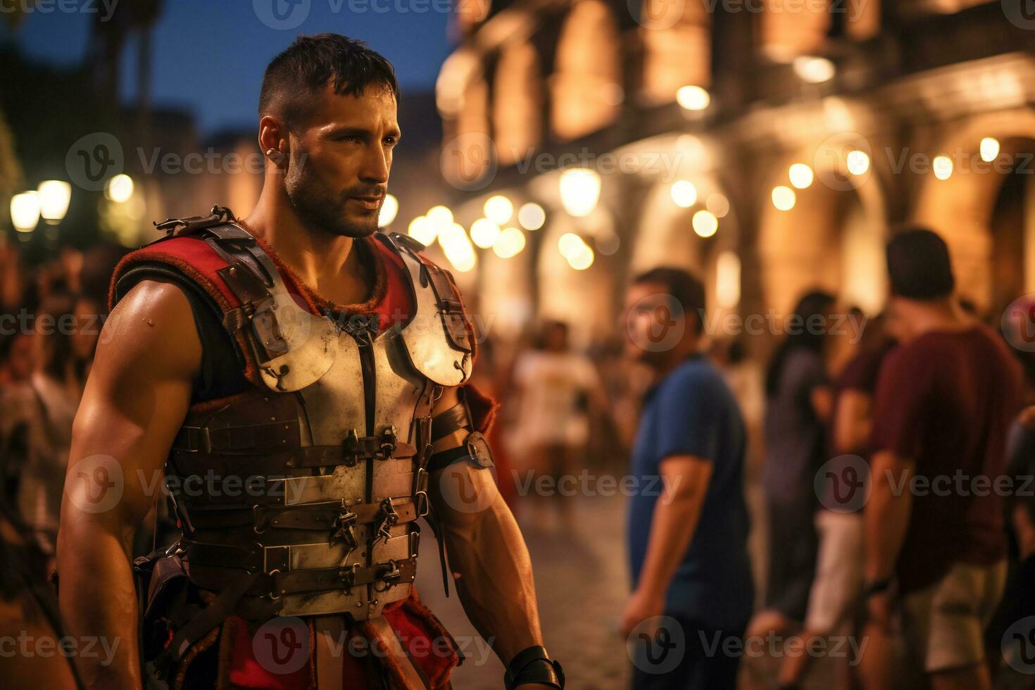 a street performer dressed as a Roman gladiator A photo of a runner sprinting through a city park AI Generative