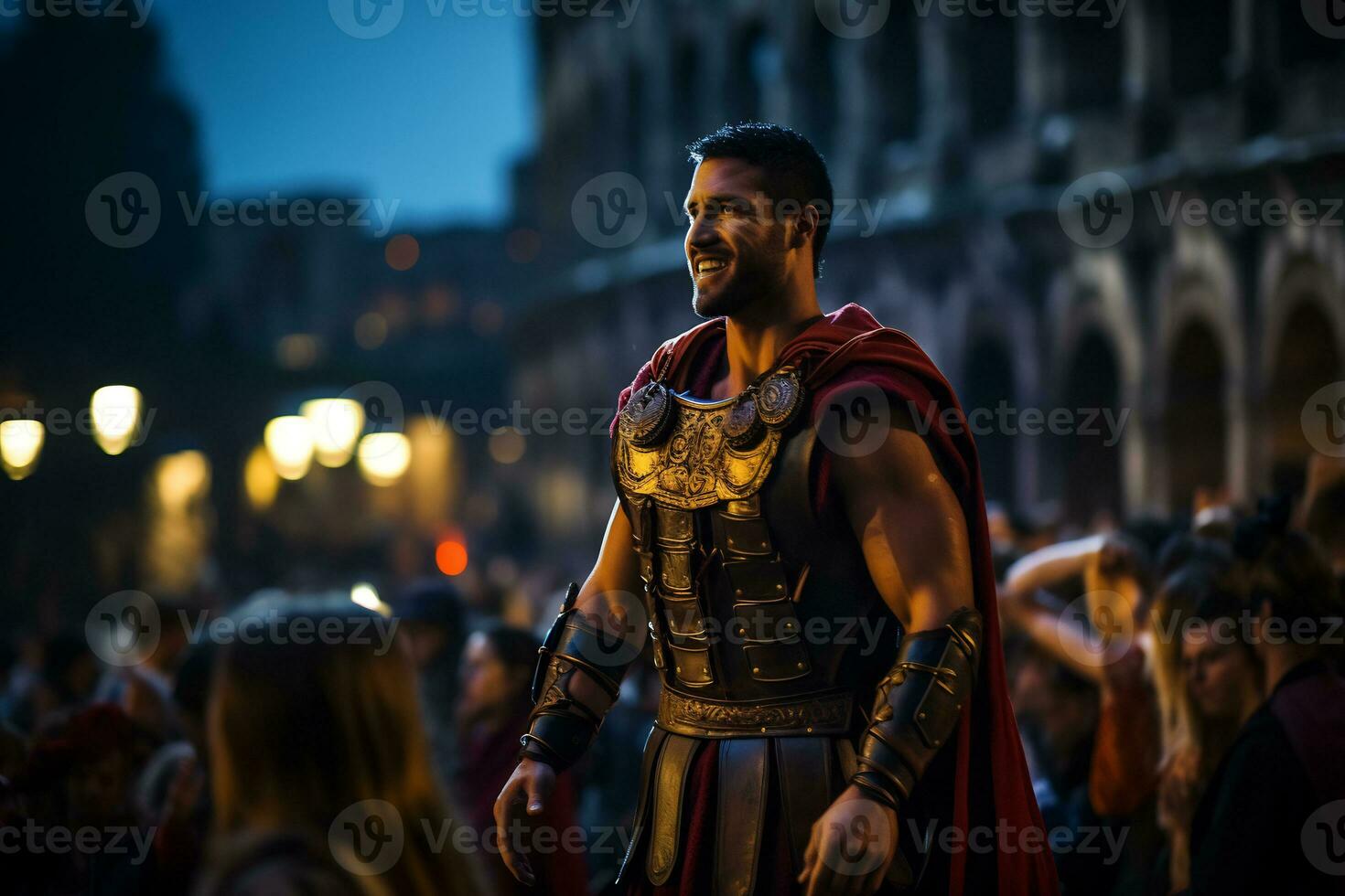 a street performer dressed as a Roman gladiator A photo of a runner sprinting through a city park AI Generative