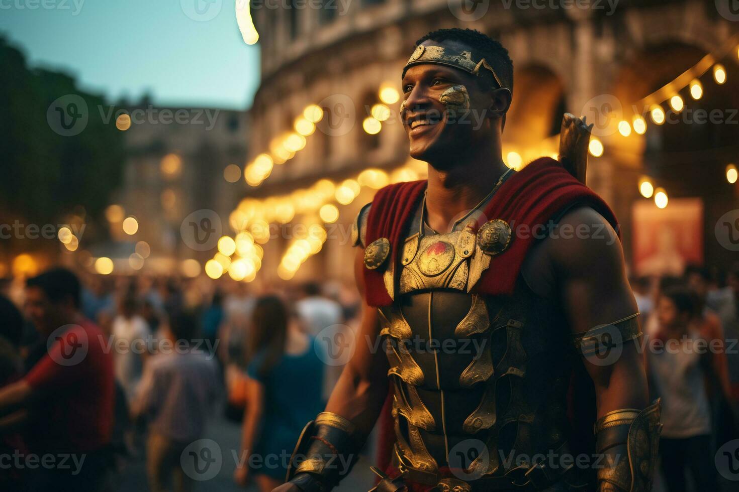 a street performer dressed as a Roman gladiator A photo of a runner sprinting through a city park AI Generative