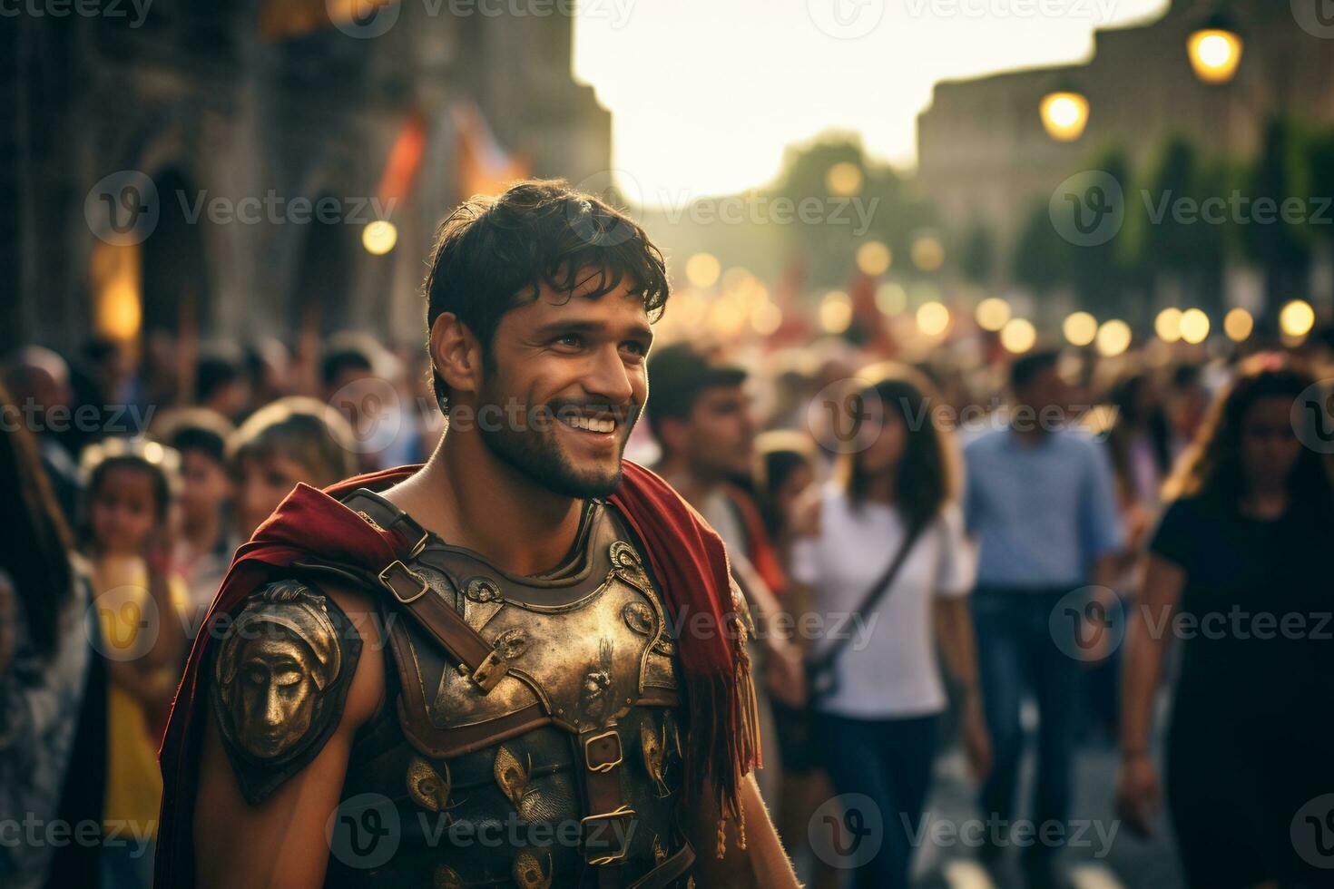 a street performer dressed as a Roman gladiator A photo of a runner sprinting through a city park AI Generative