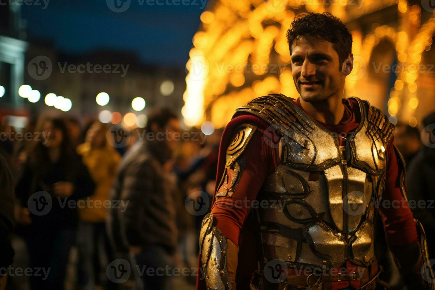 a street performer dressed as a Roman gladiator A photo of a runner sprinting through a city park AI Generative