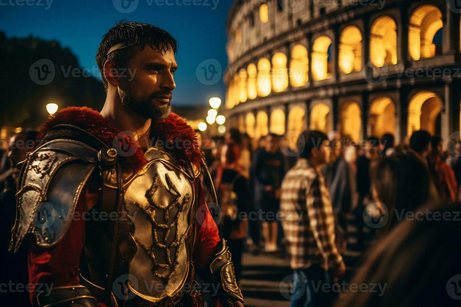 a street performer dressed as a Roman gladiator A photo of a runner sprinting through a city park AI Generative