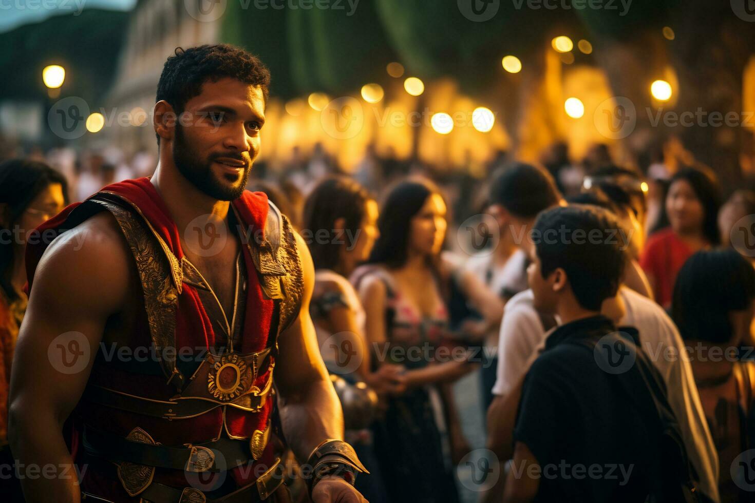 a street performer dressed as a Roman gladiator A photo of a runner sprinting through a city park AI Generative