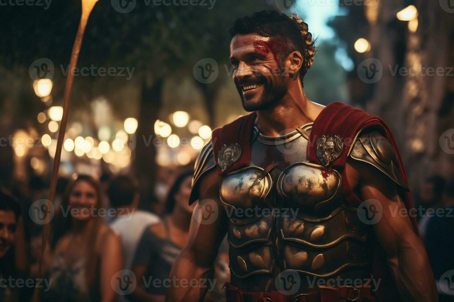 a street performer dressed as a Roman gladiator A photo of a runner sprinting through a city park AI Generative