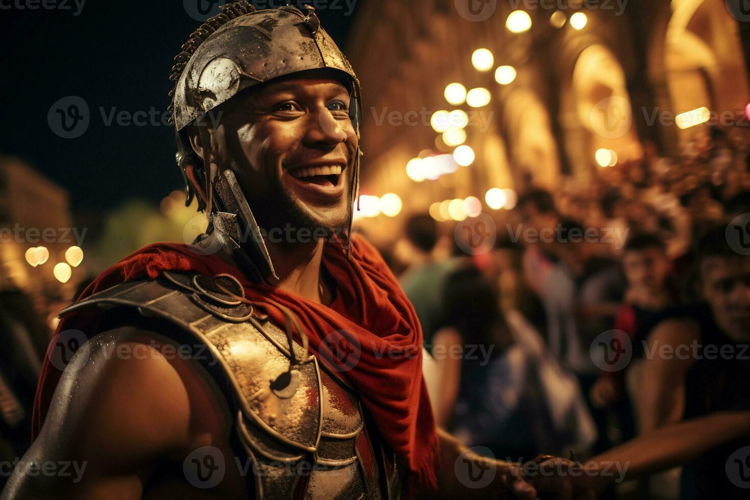 a street performer dressed as a Roman gladiator A photo of a runner sprinting through a city park AI Generative