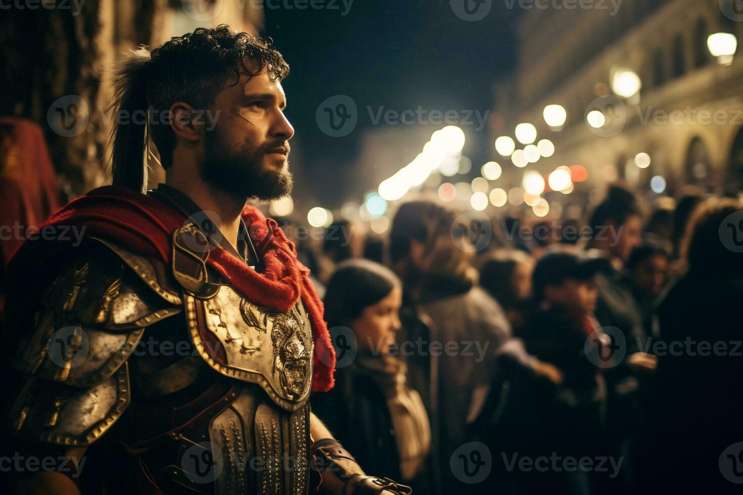 a street performer dressed as a Roman gladiator A photo of a runner sprinting through a city park AI Generative