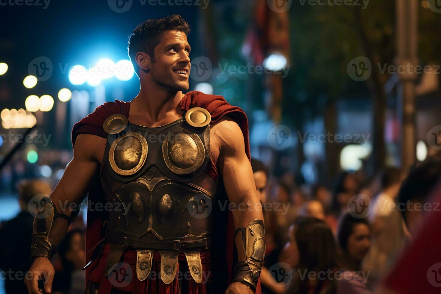 a street performer dressed as a Roman gladiator A photo of a runner sprinting through a city park AI Generative