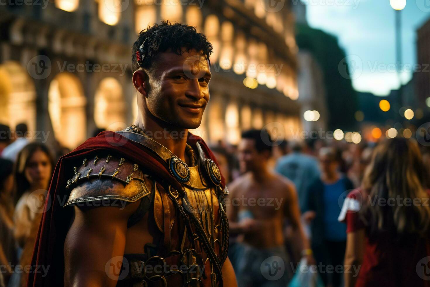 a street performer dressed as a Roman gladiator A photo of a runner sprinting through a city park AI Generative