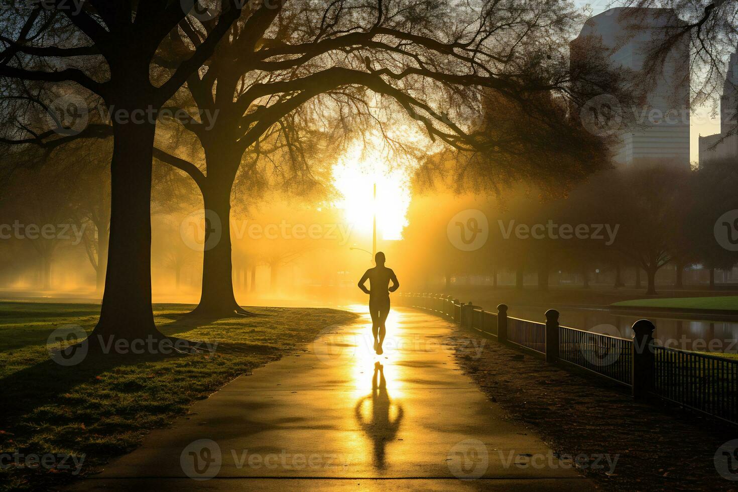 un foto de un corredor corriendo mediante un ciudad parque ai generativo