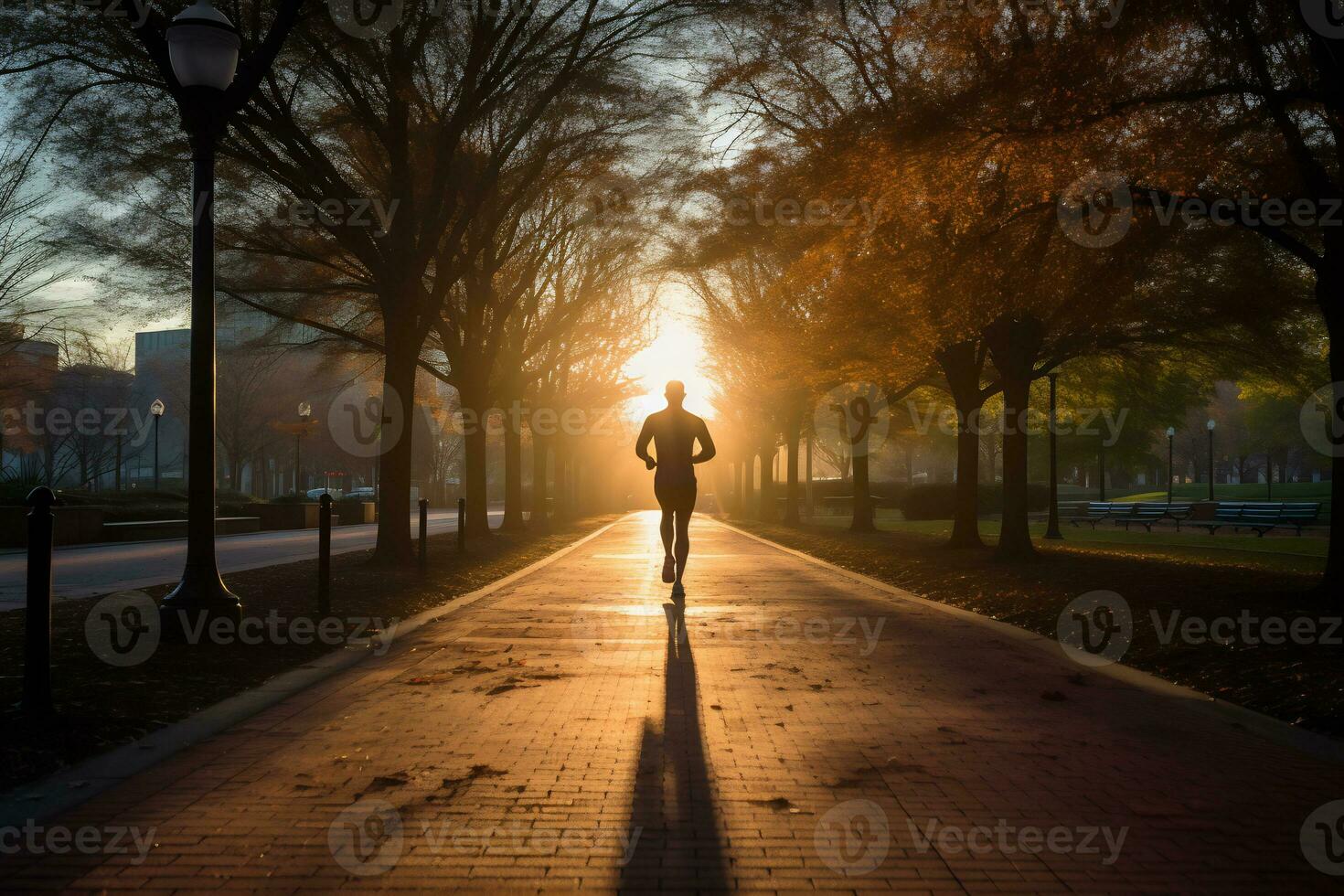 un foto de un corredor corriendo mediante un ciudad parque ai generativo