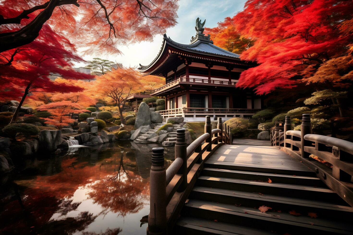 Kyoto temple adorned with vibrant autumn AI Generative photo