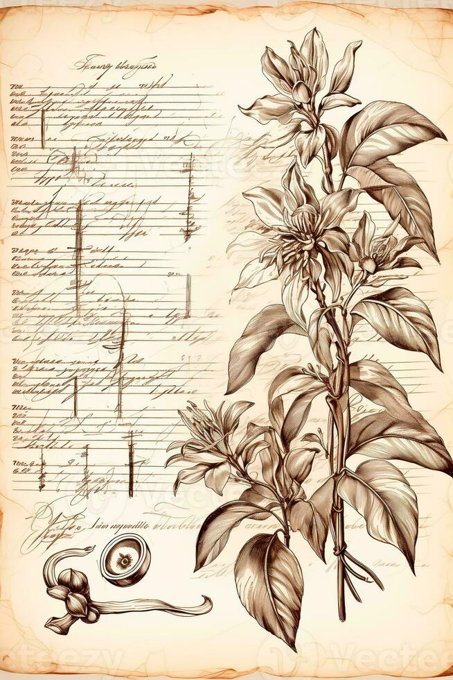 Vintage, retro scrapbooking paper with old herbarium records photo