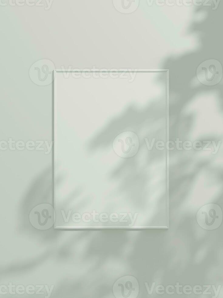 Minimal picture poster frame mockup on white wallpaper with leaf shadow photo