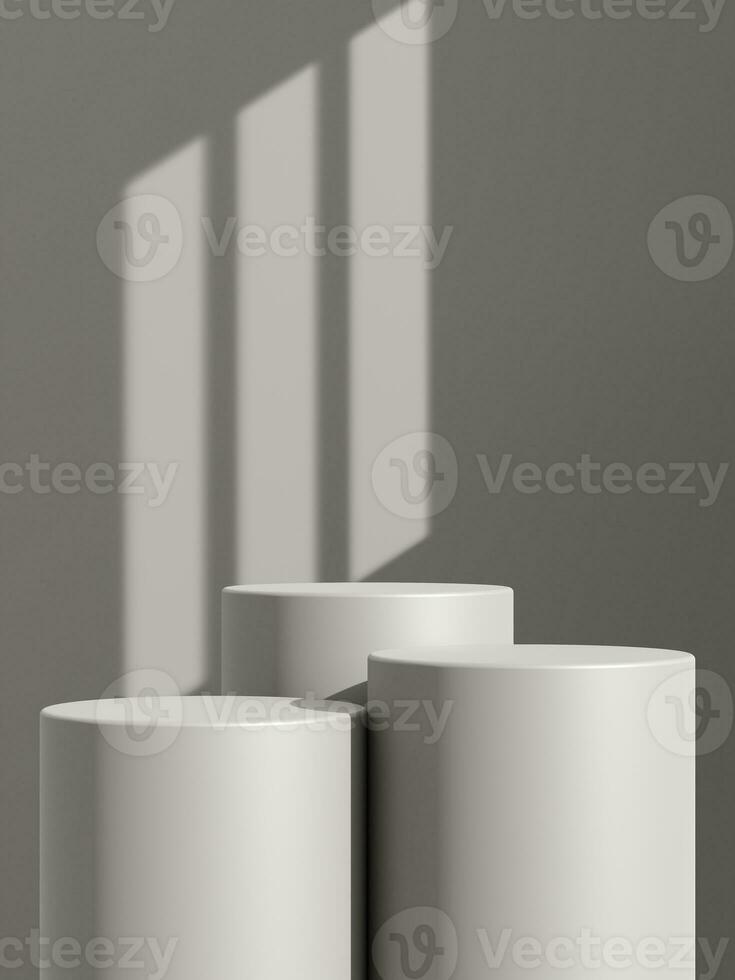 Empty gray podium or pedestal display on gray shadow background with cylinder stand concept photo