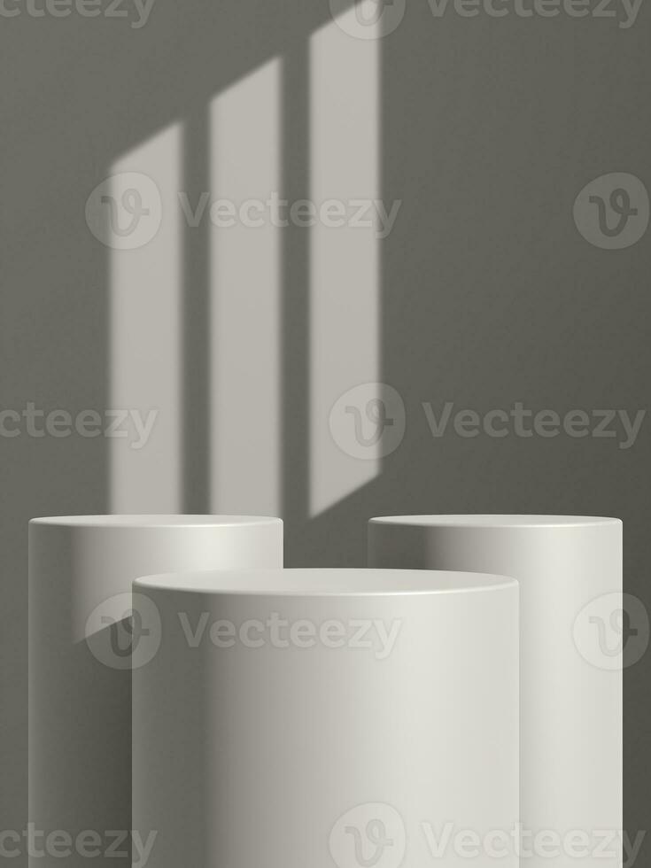 Empty gray podium or pedestal display on gray shadow background with cylinder stand concept photo