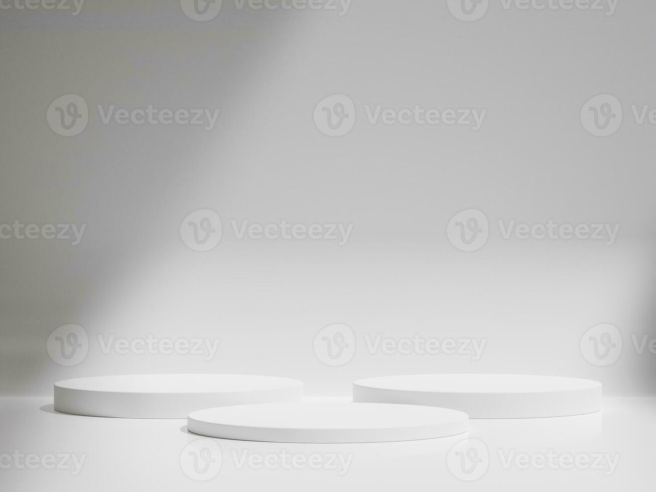 Empty white round podium, modern pedestal and platform, stand stage, cylinder, round empty stages and podium 3d template for product presentation. photo