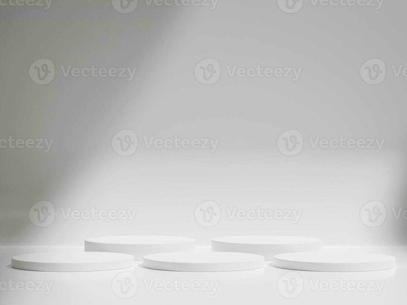 Empty white round podium, modern pedestal and platform, stand stage, cylinder, round empty stages and podium 3d template for product presentation. photo