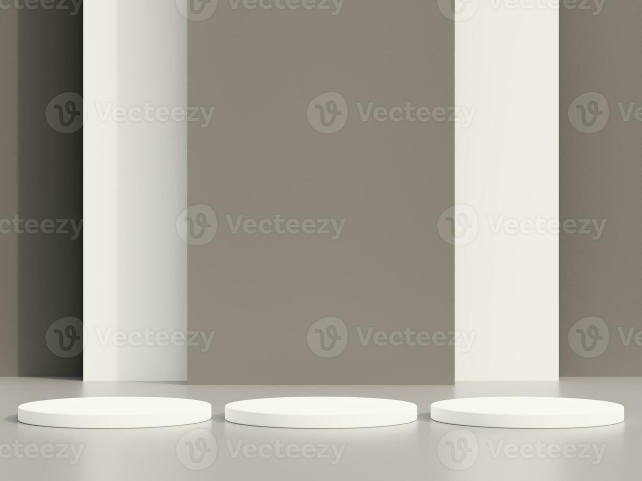 Empty podium or pedestal display on grey background with cylinder stand concept. Blank product standing backdrop. 3D rendering. photo