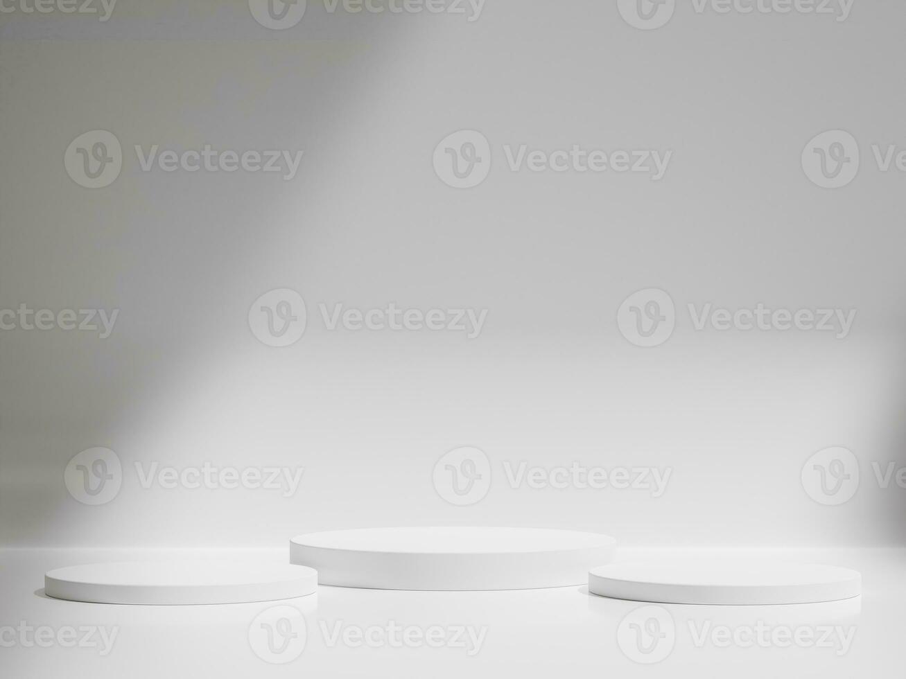 Empty white round podium, modern pedestal and platform, stand stage, cylinder, round empty stages and podium 3d template for product presentation. photo