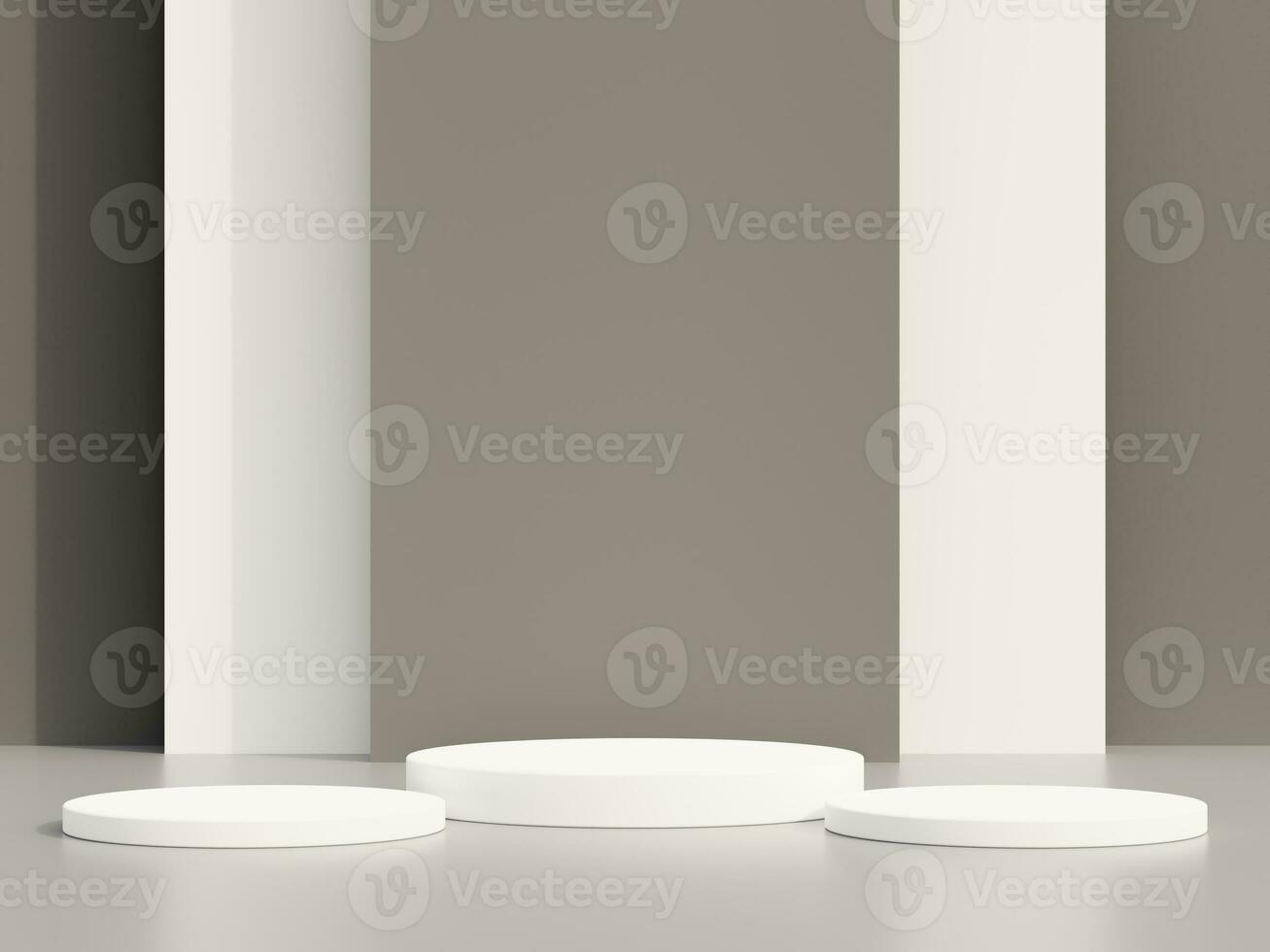 Empty podium or pedestal display on grey background with cylinder stand concept. Blank product standing backdrop. 3D rendering. photo