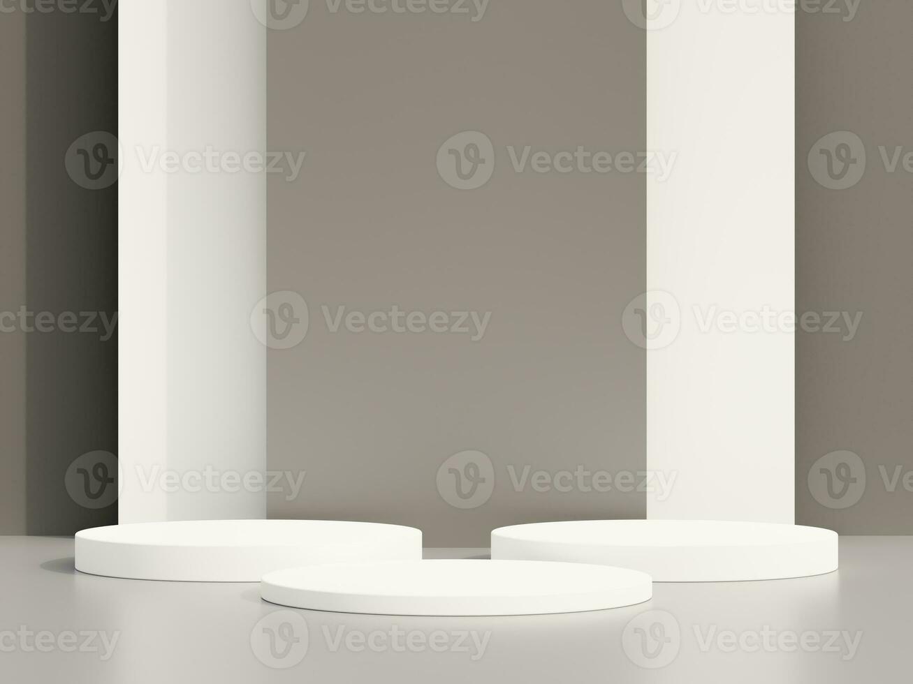 Empty podium or pedestal display on grey background with cylinder stand concept. Blank product standing backdrop. 3D rendering. photo