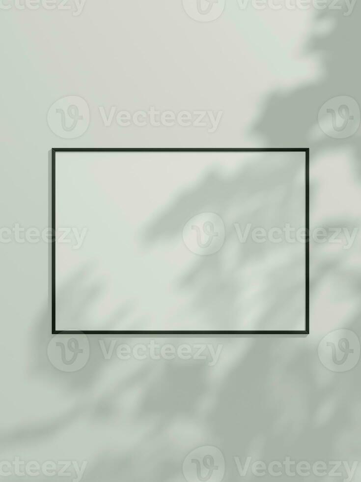 Minimal picture poster frame mockup on white wallpaper with leaf shadow photo