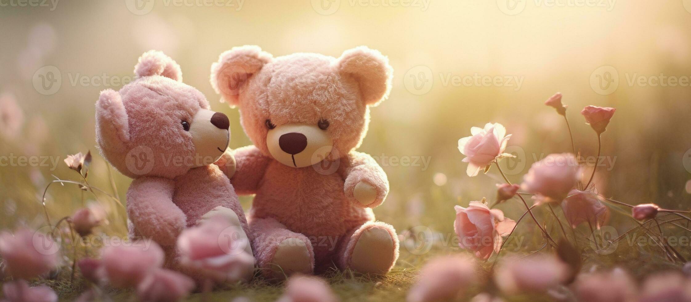 Couple teddy bears hugging flowers garden green grass, Valentine's day concept. Generative AI photo