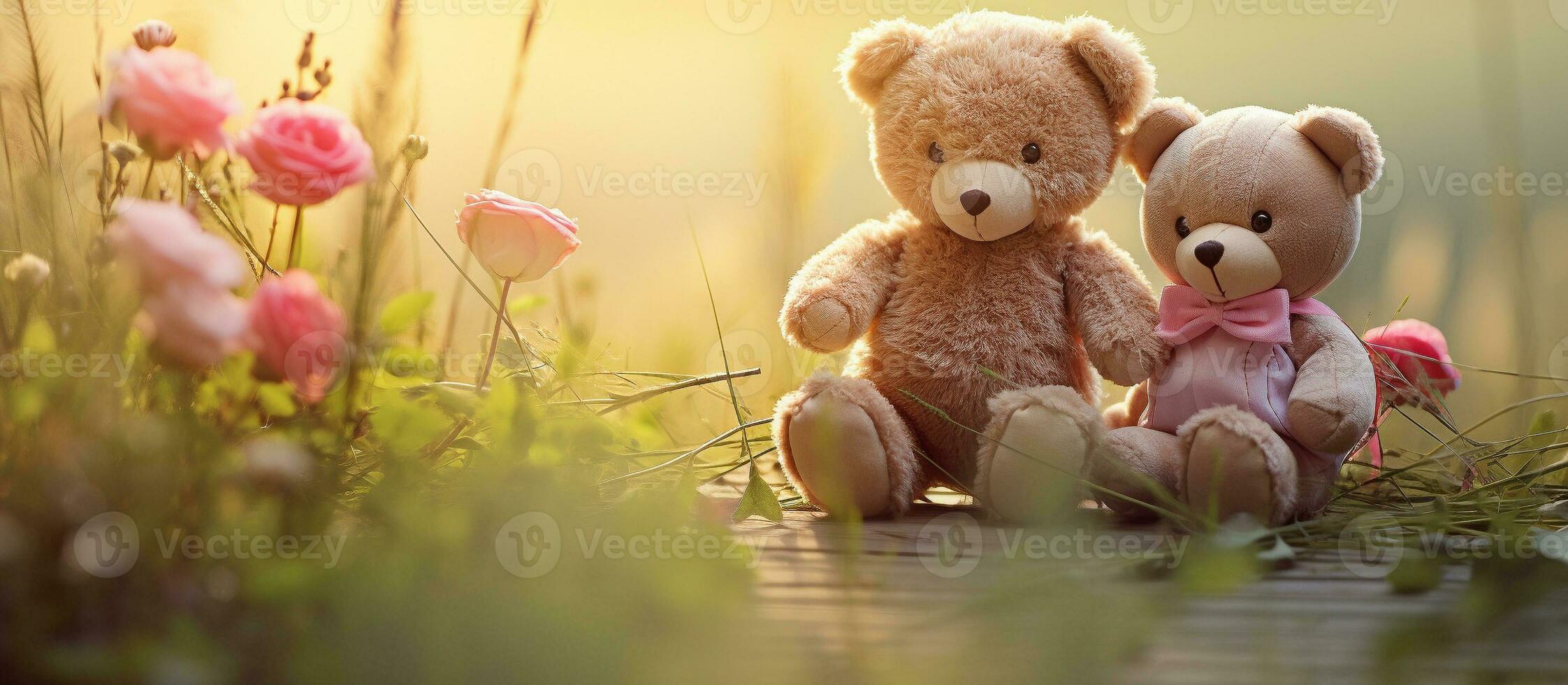 Couple teddy bears hugging flowers garden green grass, Valentine's day concept. Generative AI photo