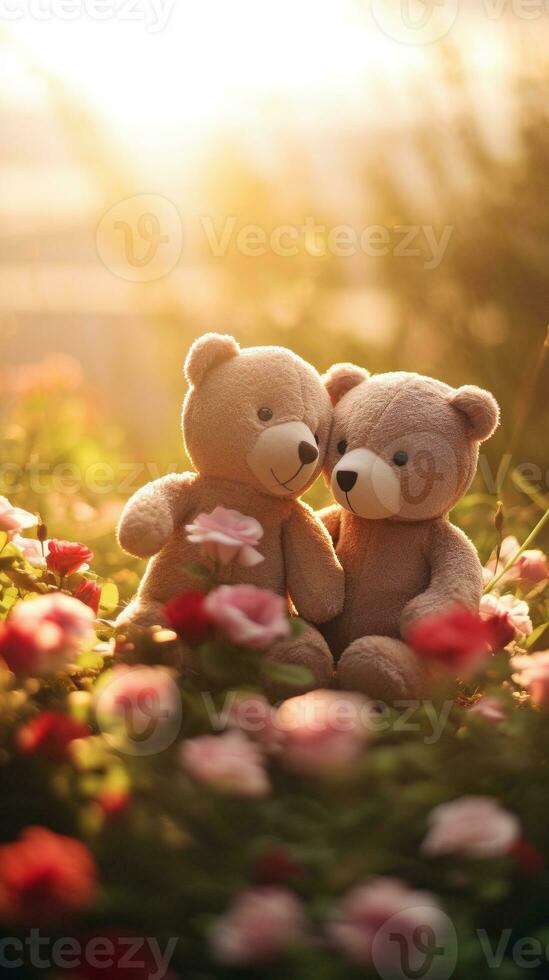 Couple teddy bears hugging flowers garden green grass, Valentine's day concept. Generative AI photo