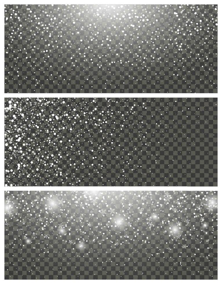 Snowfall and falling snowflakes on background. Set of three backdrops. White snowflakes and Christmas snow. Vector illustration