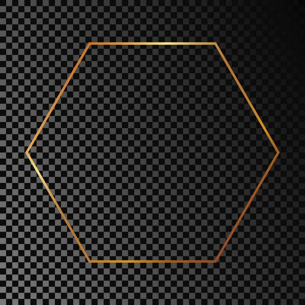 Gold glowing hexagon frame isolated on dark background. Shiny frame with glowing effects. Vector illustration.