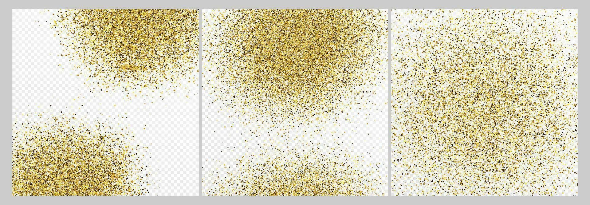 Set of three gold glitter confetti backdrops isolated on white backgrounds. Celebratory texture with shining light effect. Vector illustration.