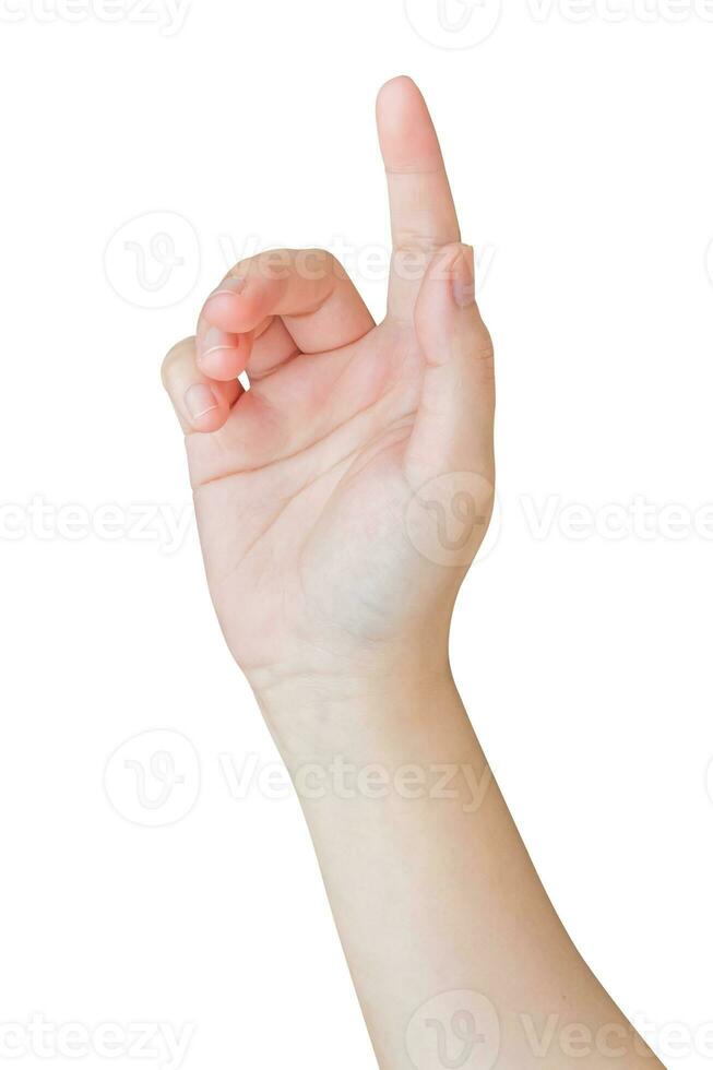 female hand touching or pointing to something isolated on white background photo