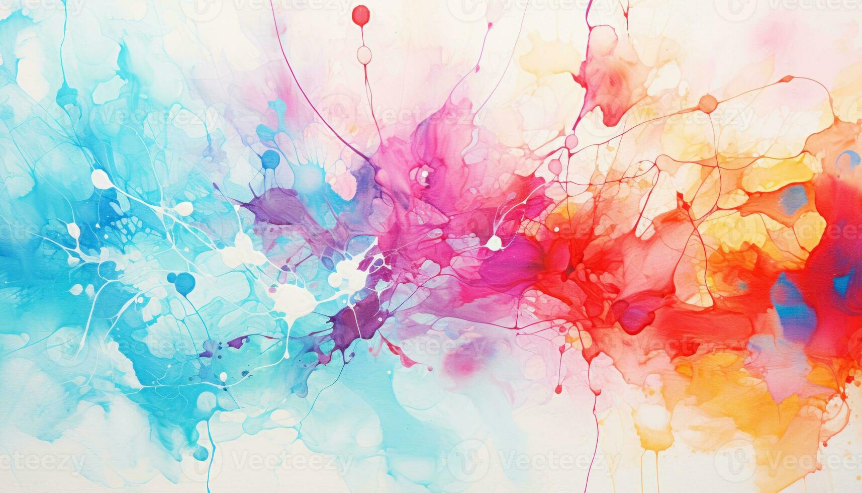 Abstract painting of bright colors and bursting splashed all over a light paper background. Generative AI photo