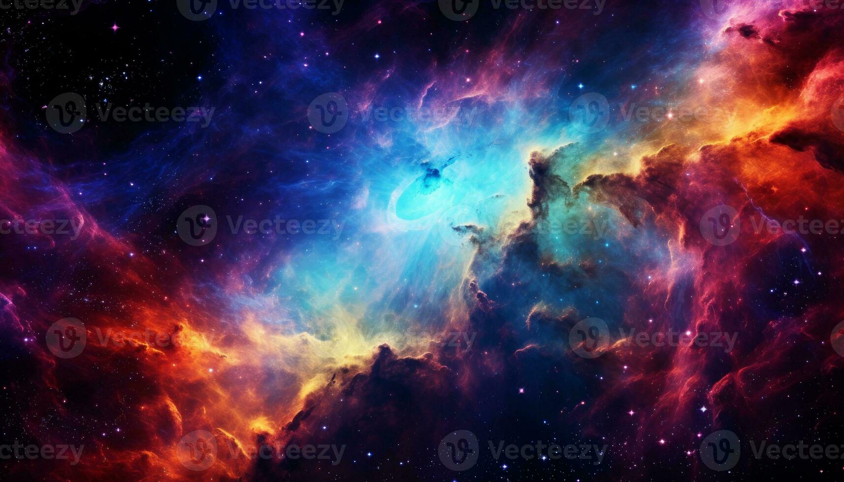 Swirling nebula in space with sparkling stars, Light dusty piles, colorful explosion. Generative AI photo