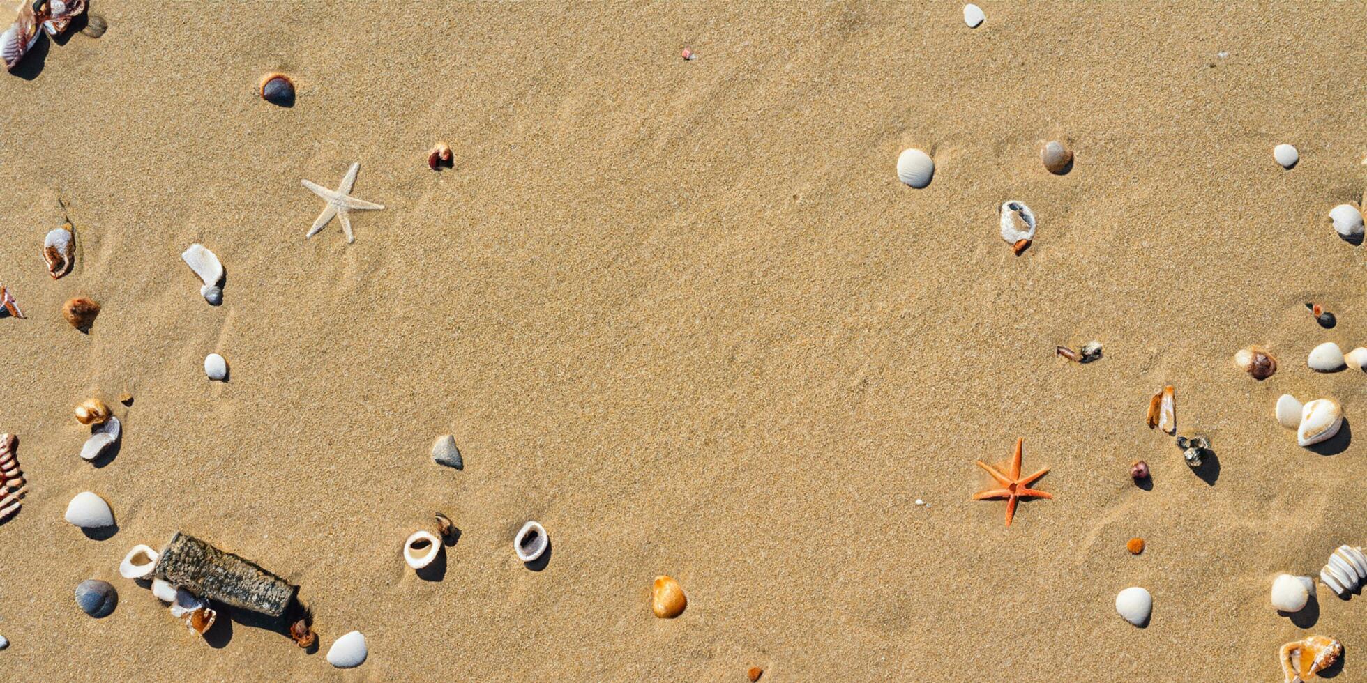 A bird eye view of the sand beach background with shells and starfish scattered on the left and right sides of the picture photo