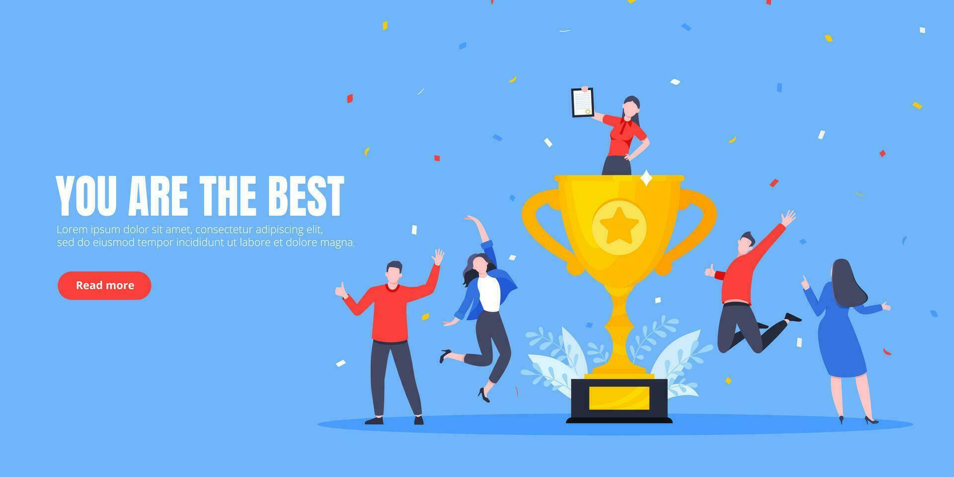 Happy business employee team winners award ceremony flat style design vector illustration.