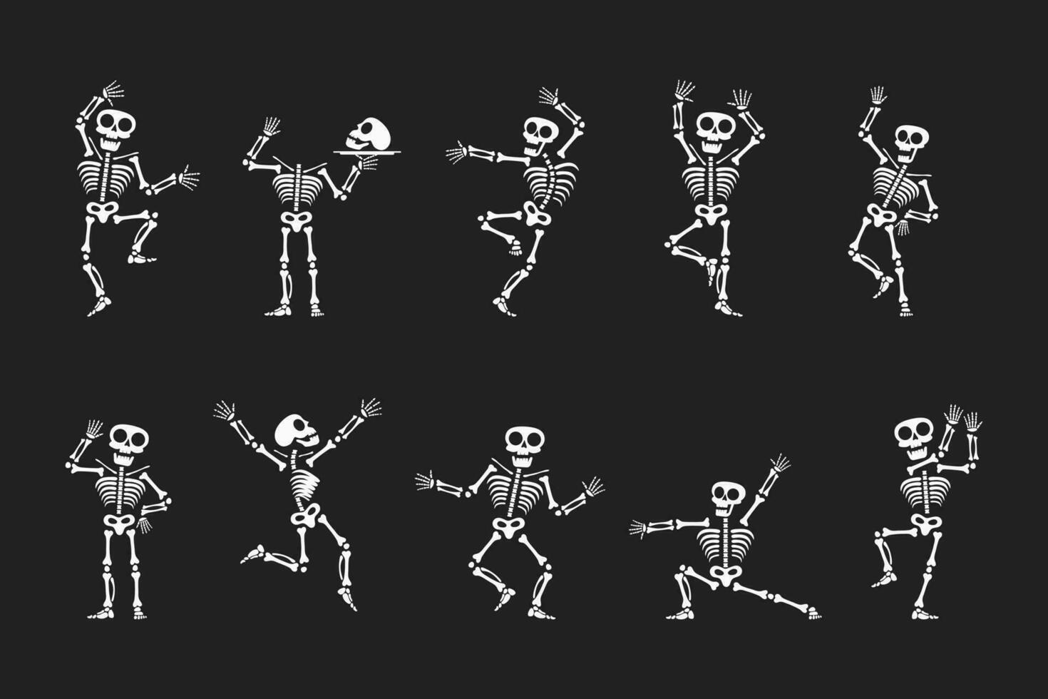 Skeletons dancing with different positions flat style design vector illustration set.