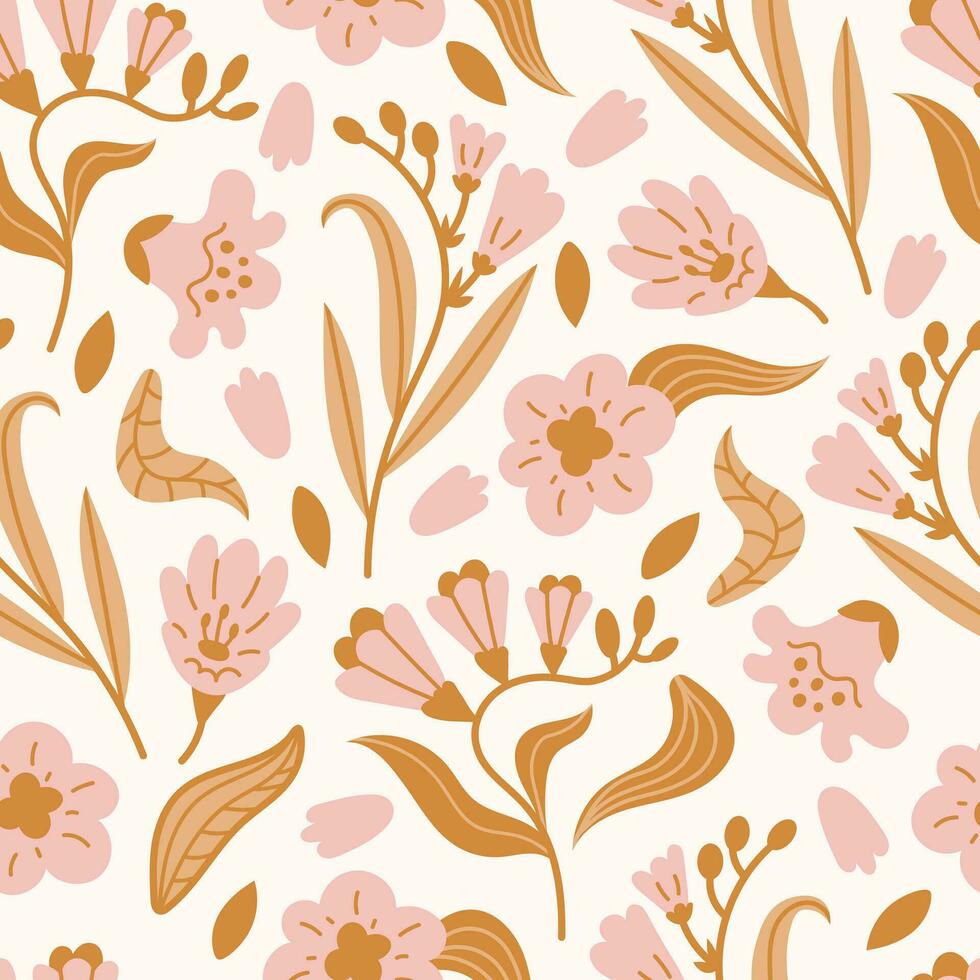 Freesia seamless pattern with golden flowers and leaves vector