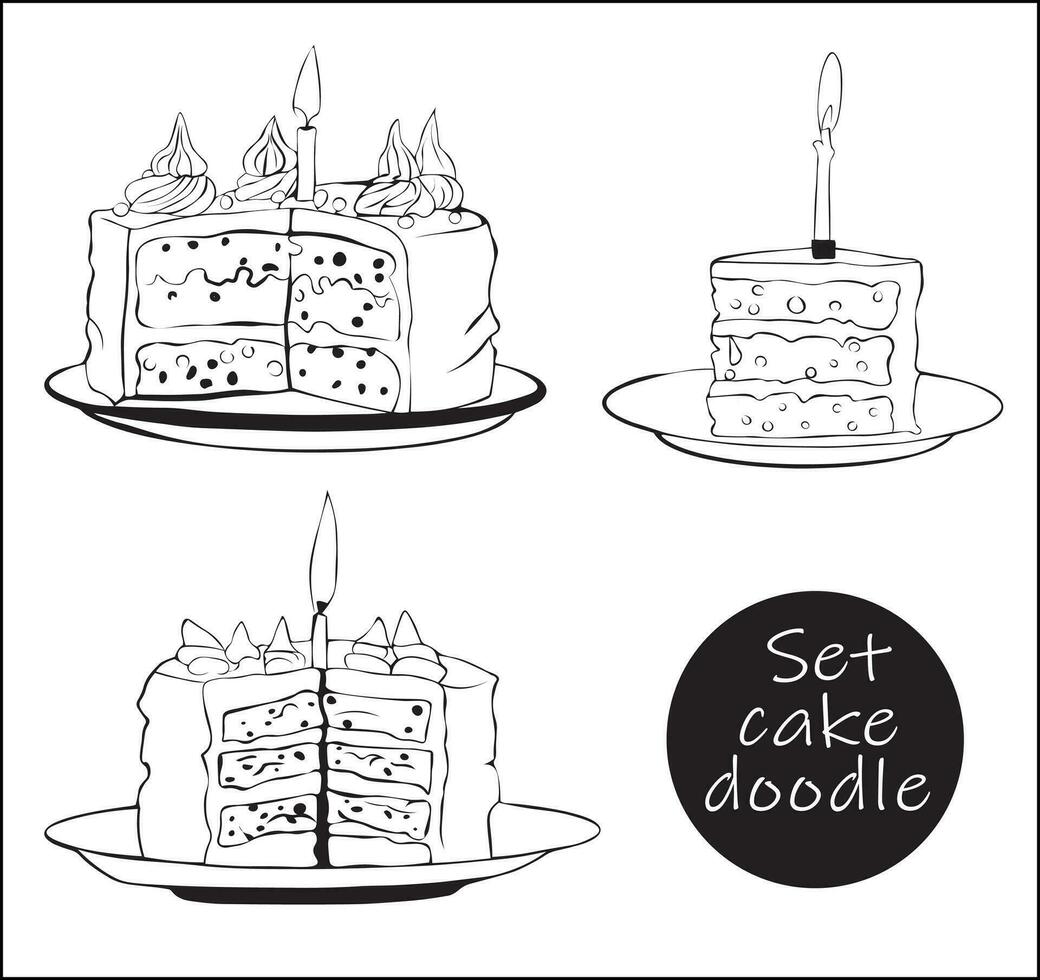 Set of birthday cakes with candle in trendy sketch and doodle. Sweet gift for the holiday. vector