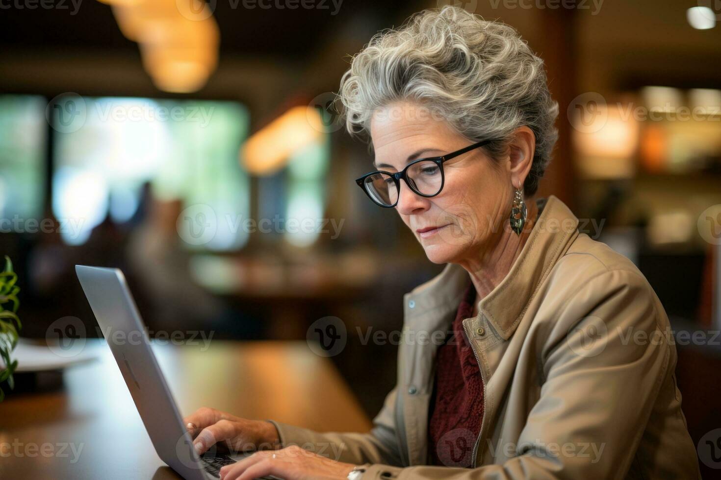 Senior woman sitting by the table and checking paper documentation, created with generative AI photo