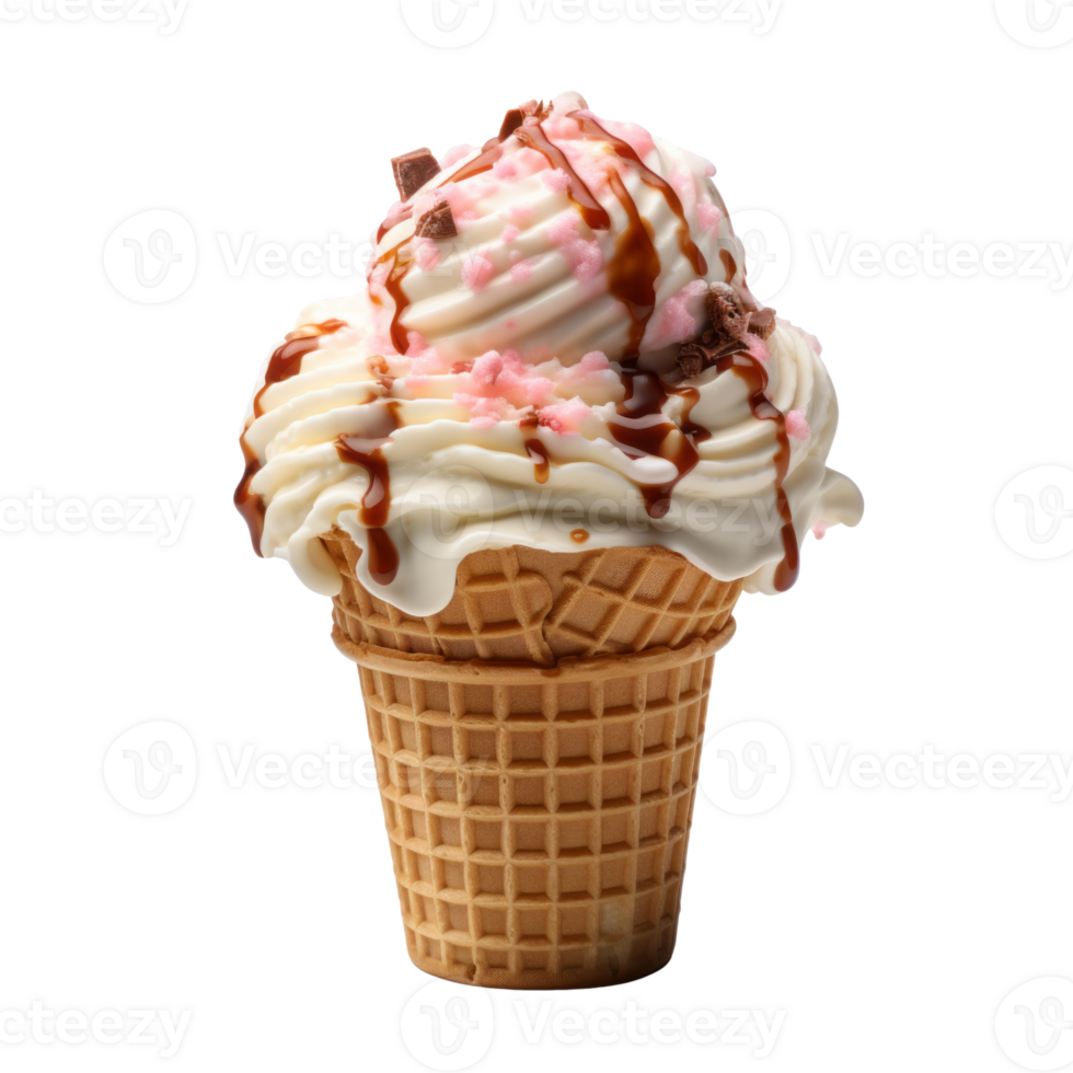 Ice cream scoop on waffle cone isolated on transparent background, created with generative AI png