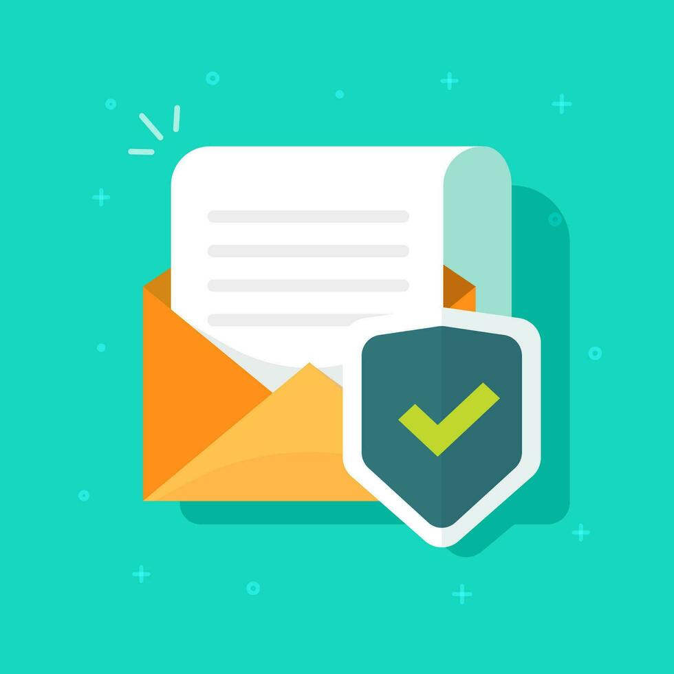 Email or mail protected and shield vector icon, flat cartoon open envelope document page secure protection concept, idea of private data defence, encryption or antivirus tech sign or symbol isolated